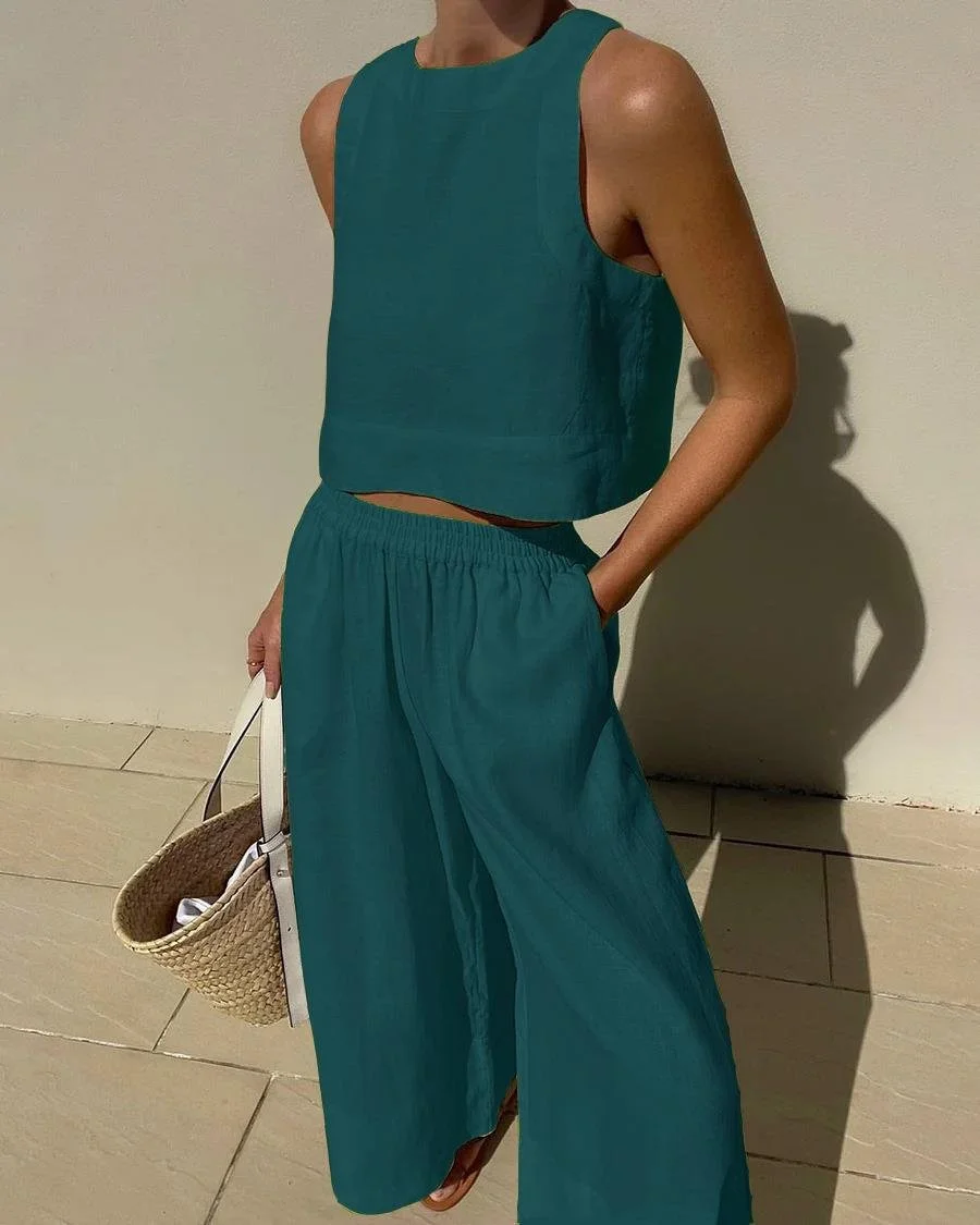 Women's Plain Daily Going Out Two-Piece Set White Casual Summer Top With Pants Matching Set