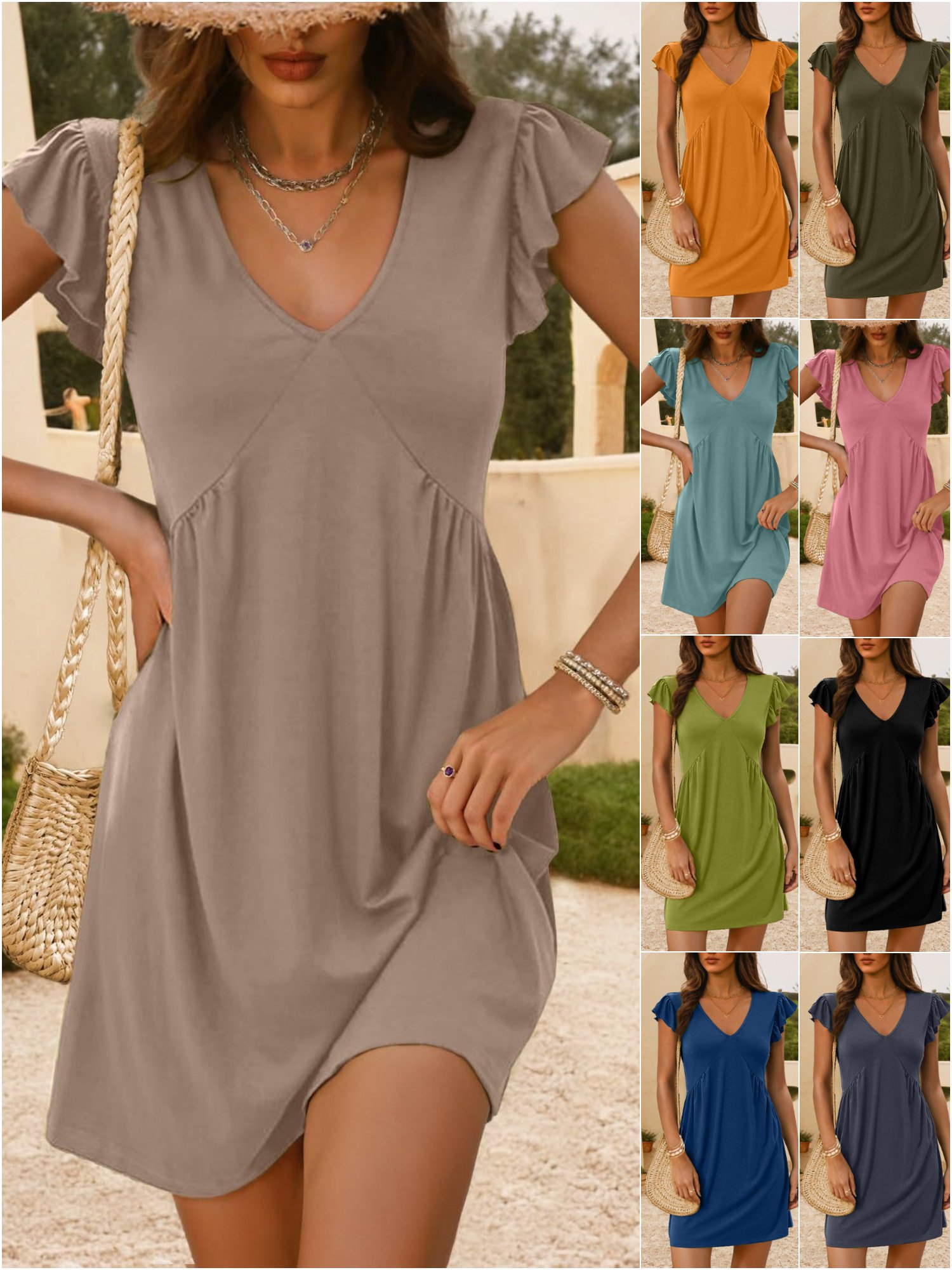Women's Short Sleeve Summer Navyblue Plain V Neck Daily Going Out Casual Knee Length A-Line Ruffle Skirt Dress