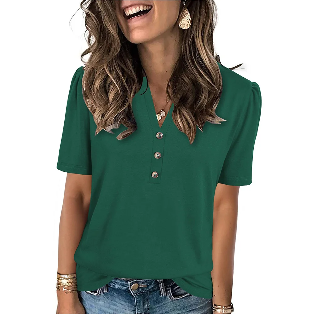Women Plain V Neck Casual Short Sleeve T-shirt