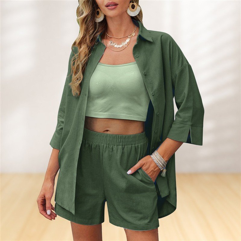 Women's Plain Daily Going Out Two-Piece Set Army Green Casual Spring/Fall Top With Pants Matching Set