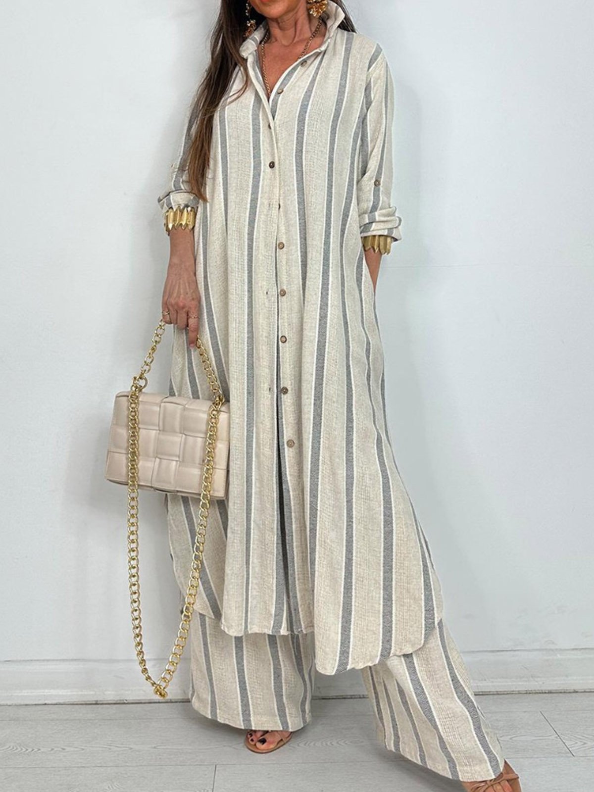 Casual Striped Shirt Collar Two-Piece Set