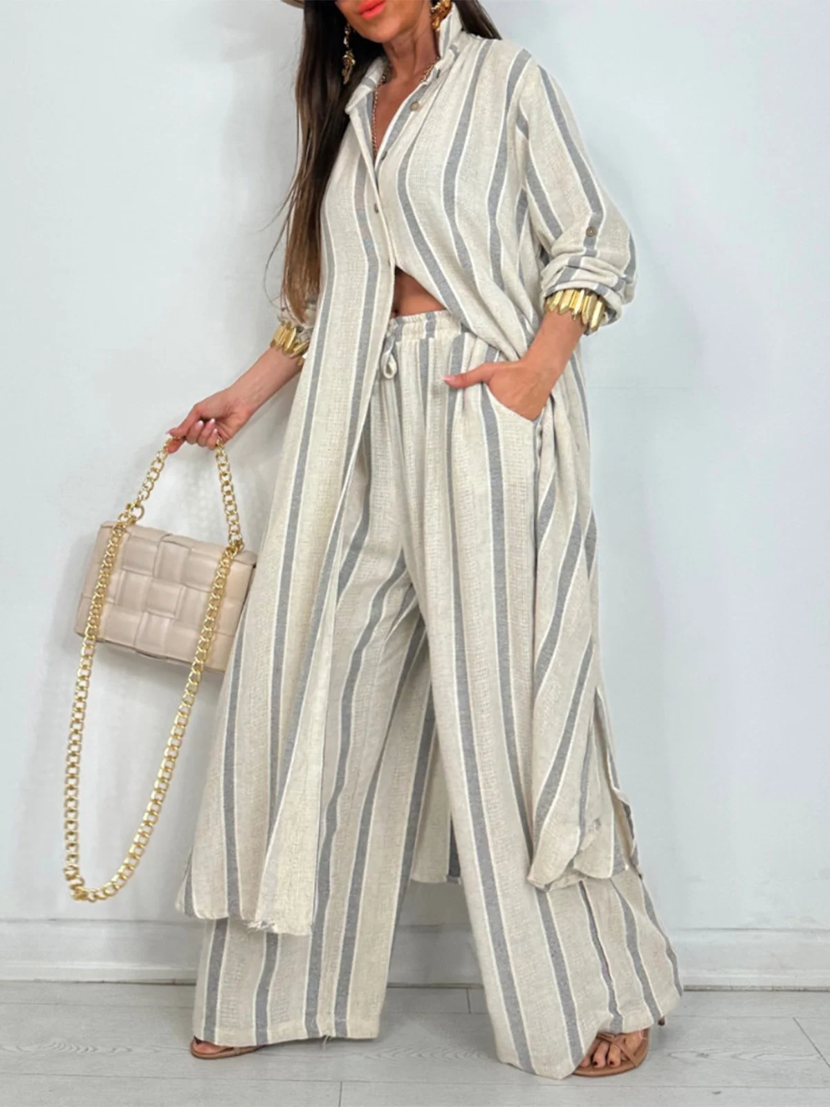 Casual Striped Shirt Collar Two-Piece Set
