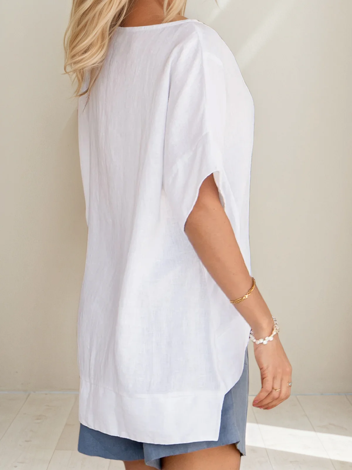 Linen Casual Plain linen Crew Neck Blouse