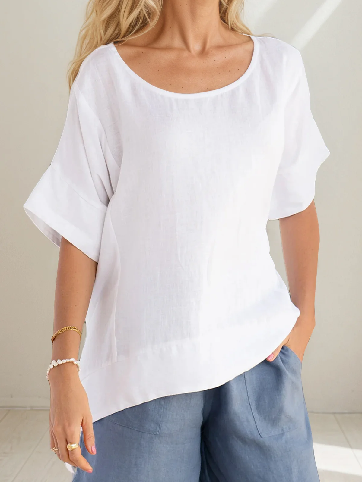 Linen Casual Plain linen Crew Neck Blouse