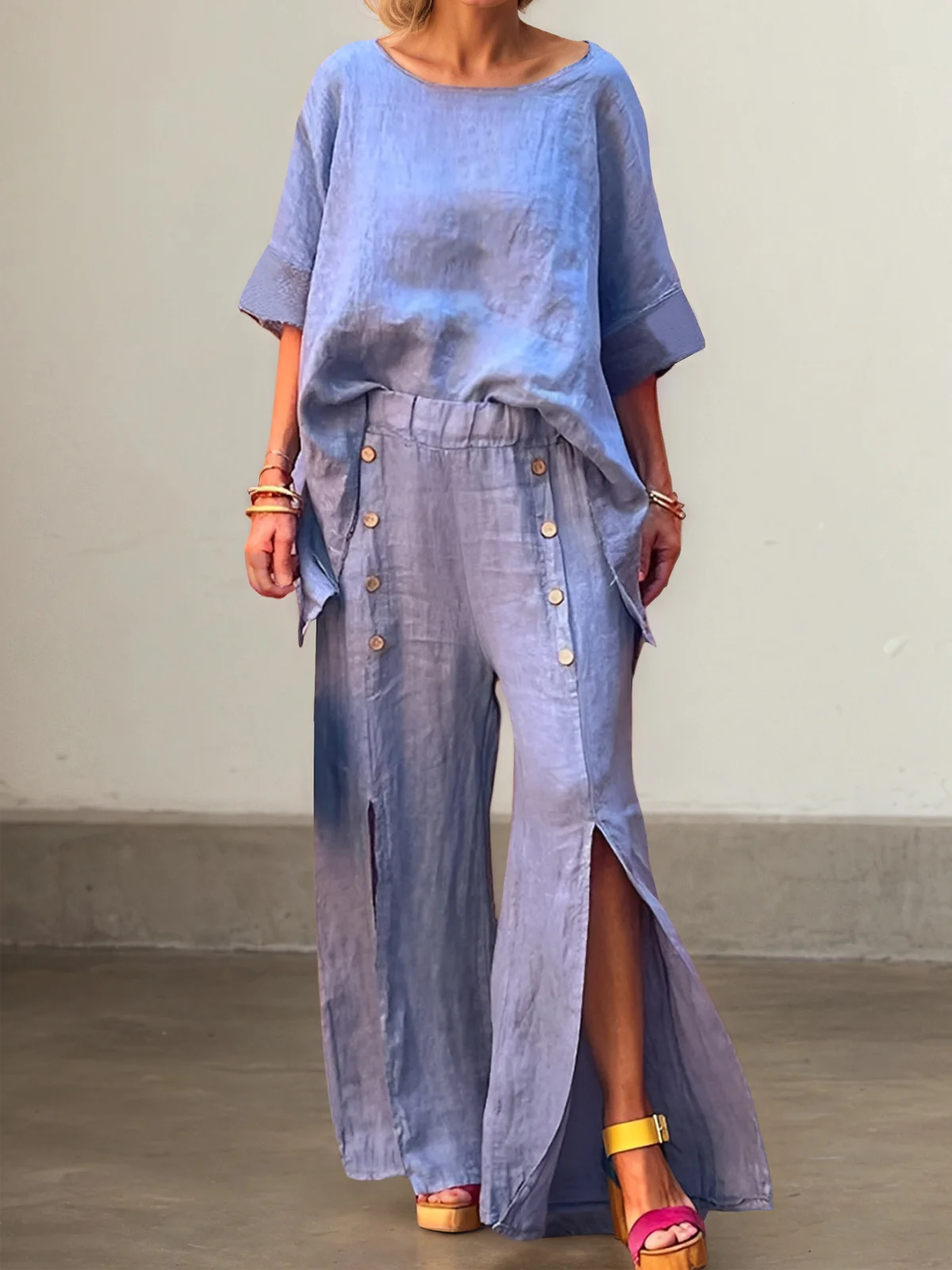 Casual Plain linen-cotton Straight Pants