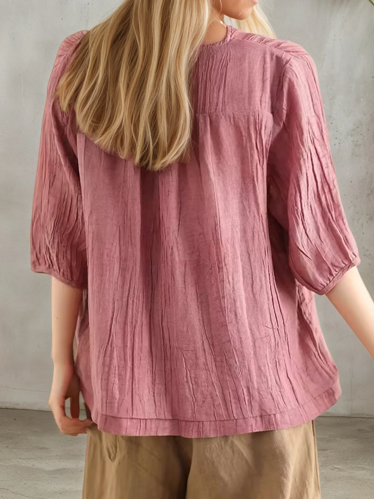 Linen Casual Plain V Neck linen-cotton Blouse