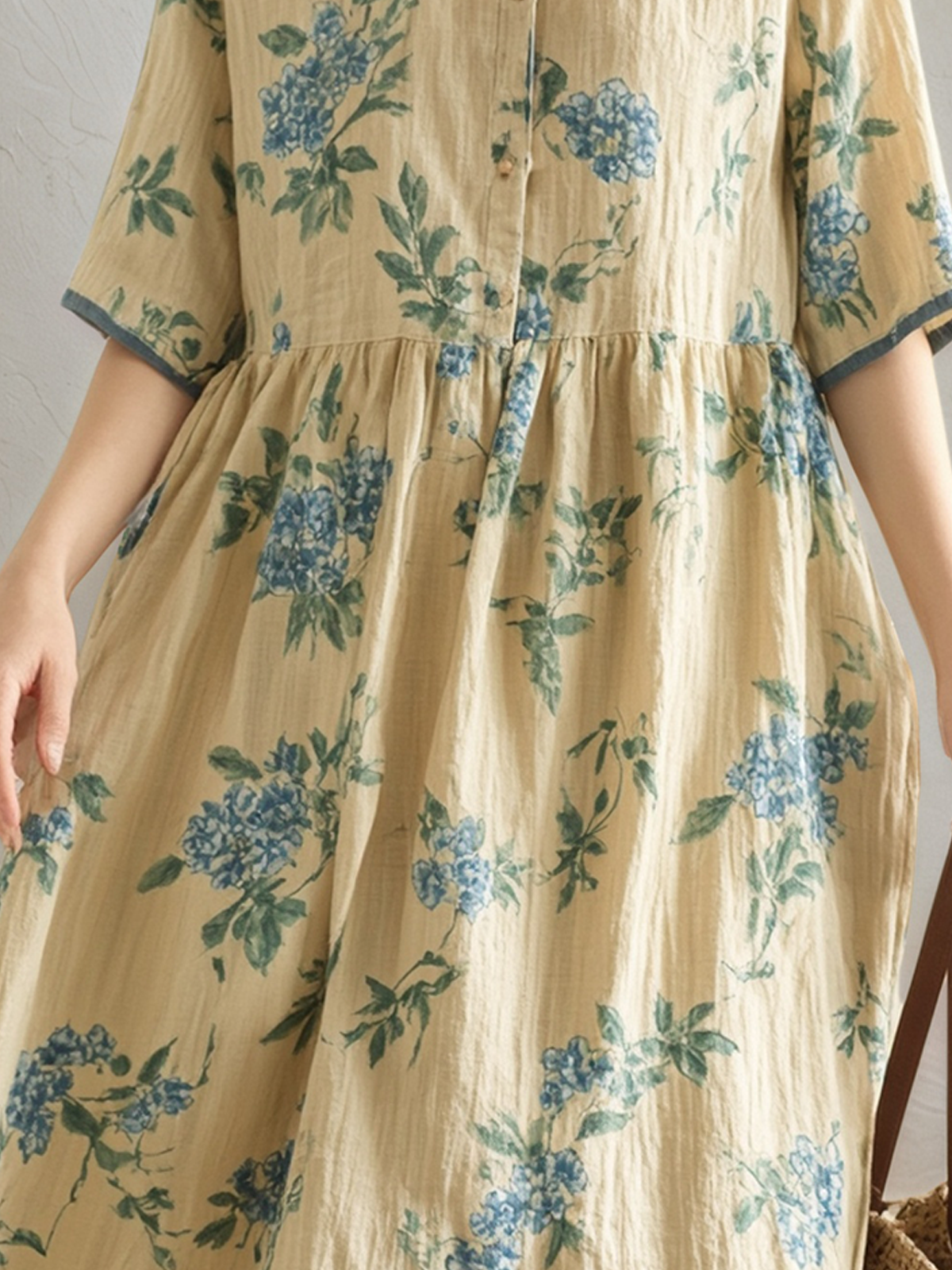 Vacation Floral linen-cotton Crew Neck Midi Dress