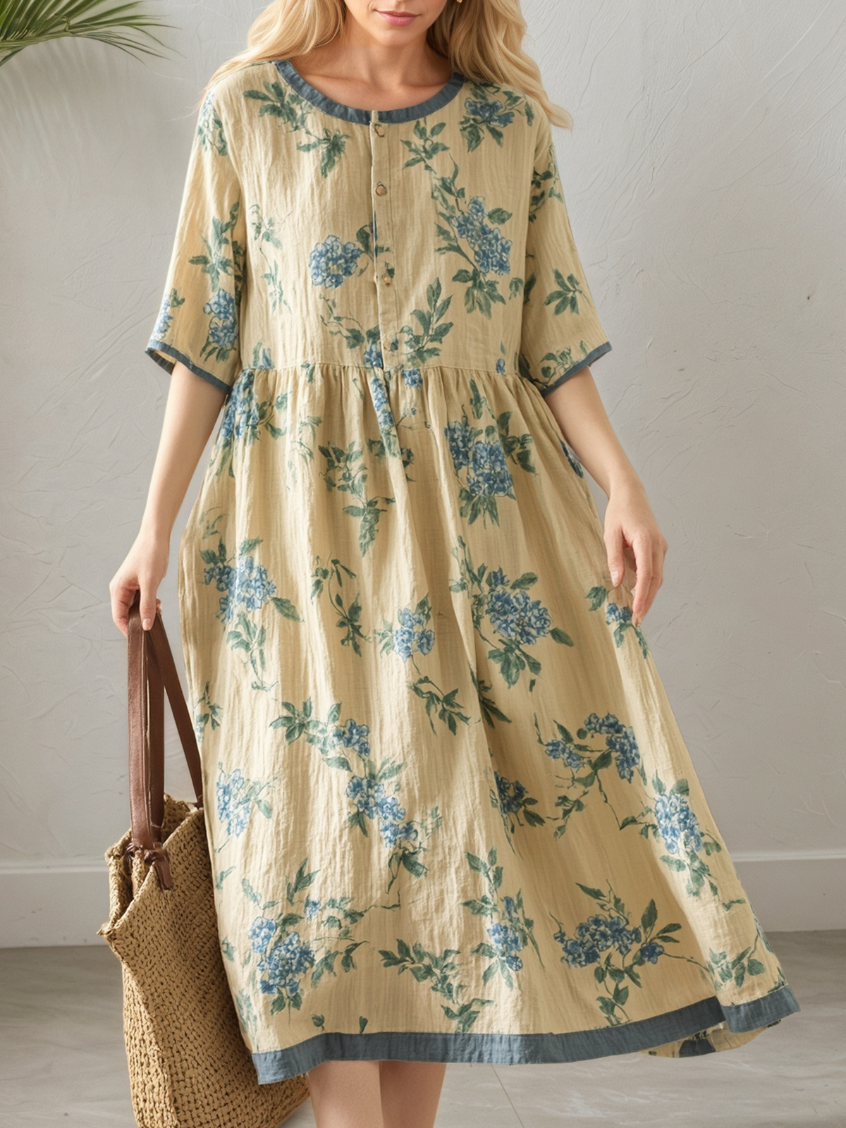 Vacation Floral linen-cotton Crew Neck Midi Dress