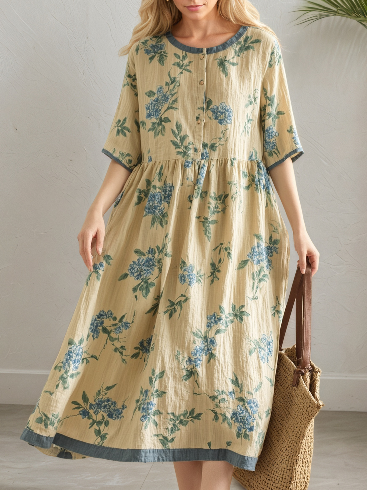 Vacation Floral linen-cotton Crew Neck Midi Dress