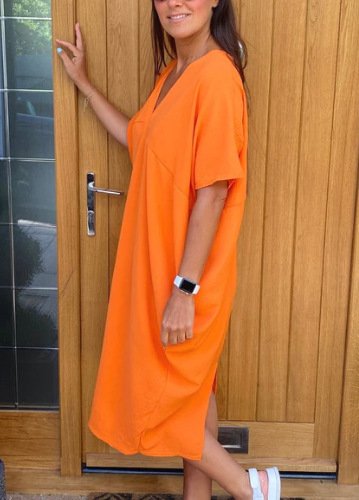 Women's Half Sleeve Summer Royal Blue Plain Slit V Neck Daily Going Out Casual Maxi A-Line Tank Dress