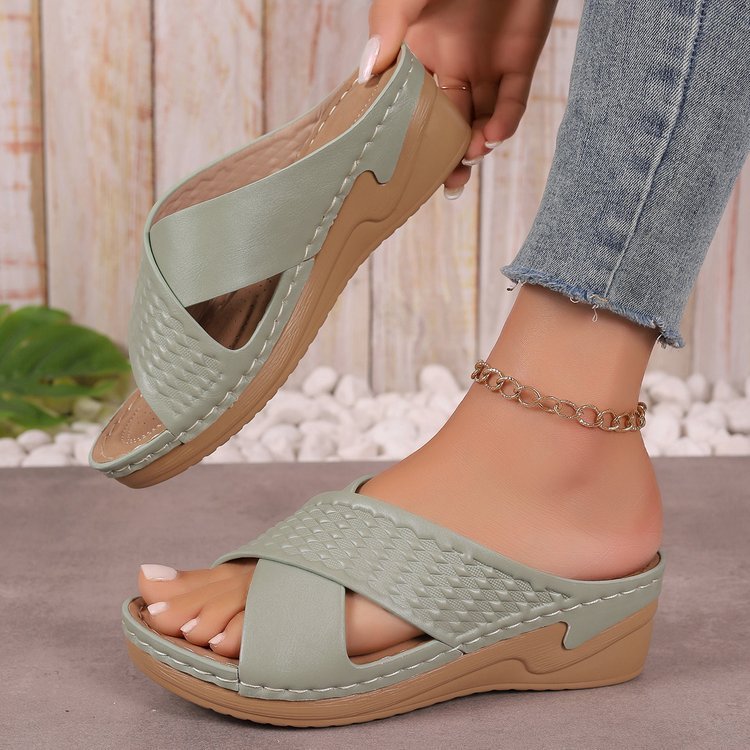 Hollow Cross Strap Thick-soled Sandals For Women Cross-border Velcro Solid Color Lightweight Wedge Heel Beach Sandals