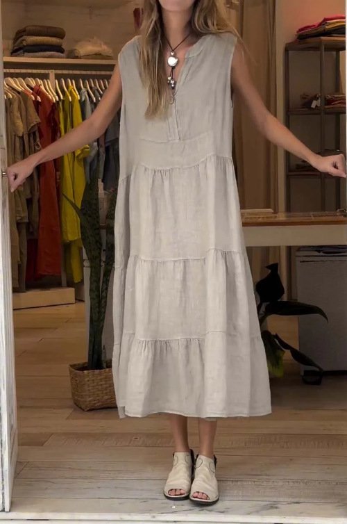 Women's Sleeveless Summer Brick Red Plain Shirred Half Open Collar Daily Going Out Casual Maxi A-Line Tank Dress