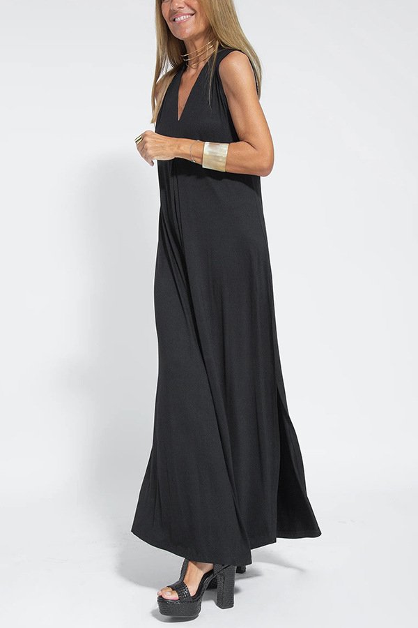 Women's Sleeveless Summer Khaki Plain Split Joint V Neck Daily Going Out Casual Maxi A-Line Fit & Flare Dress Dress