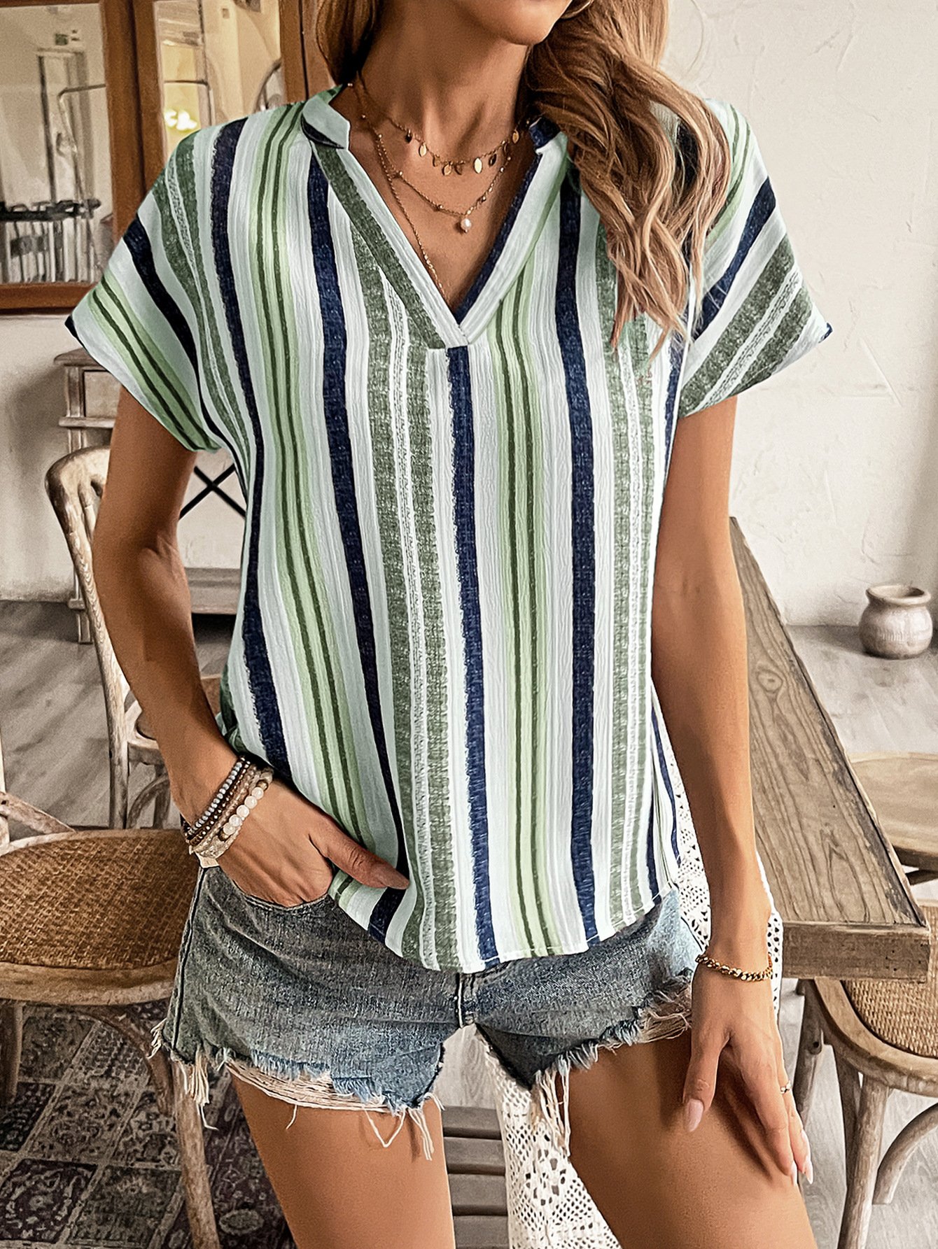 Women Striped V Neck Casual Short Sleeve T-shirt