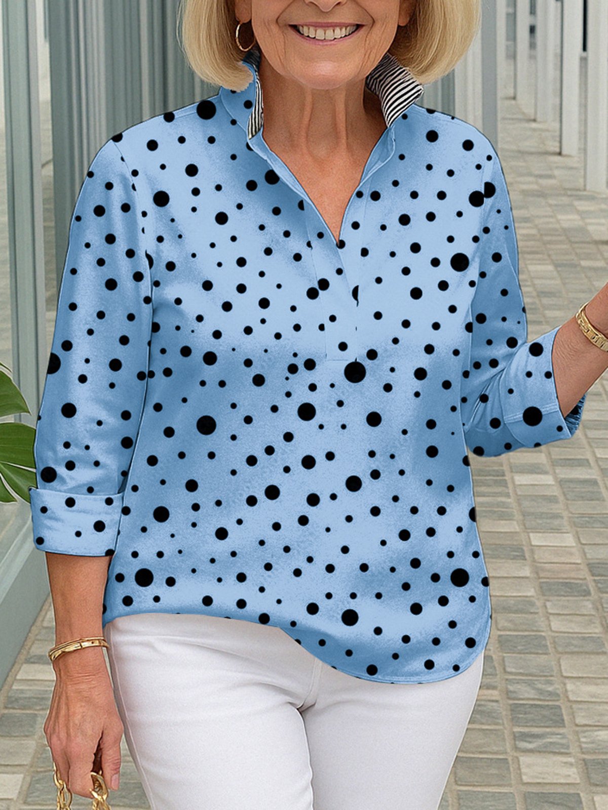 Casual Polka Dots Stand Collar Blouse