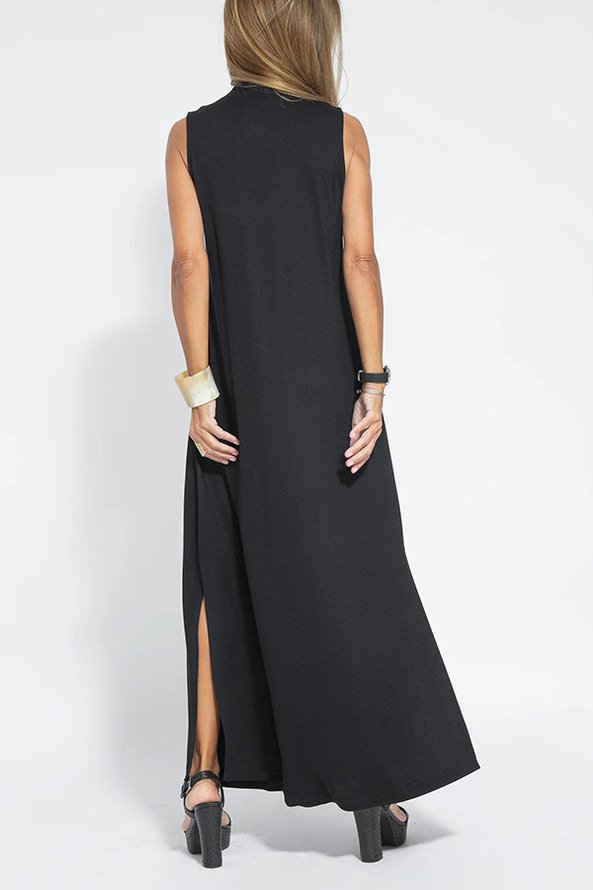 Women's Sleeveless Summer Khaki Plain Split Joint V Neck Daily Going Out Casual Maxi A-Line Fit & Flare Dress Dress