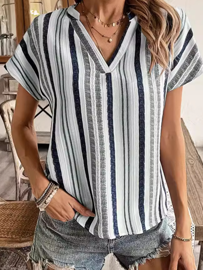 Women Striped V Neck Casual Short Sleeve T-shirt