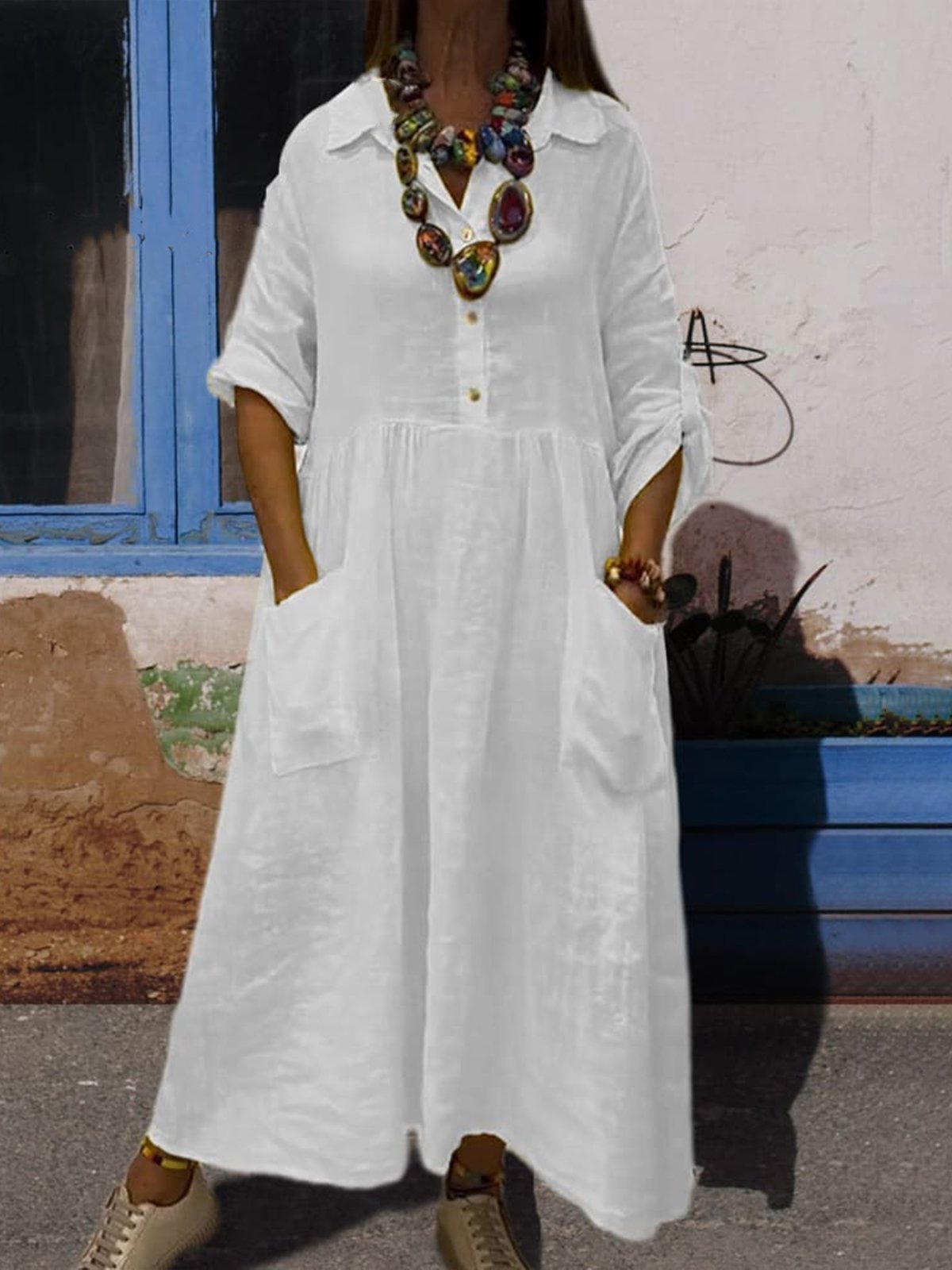 Casual Plain Shirt Collar Maxi Dress