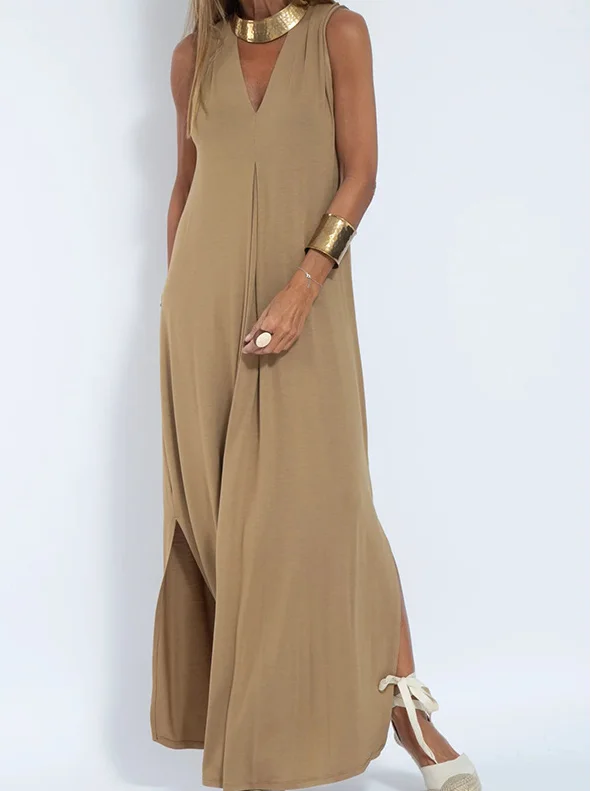 Women's Sleeveless Summer Khaki Plain Split Joint V Neck Daily Going Out Casual Maxi A-Line Fit & Flare Dress Dress
