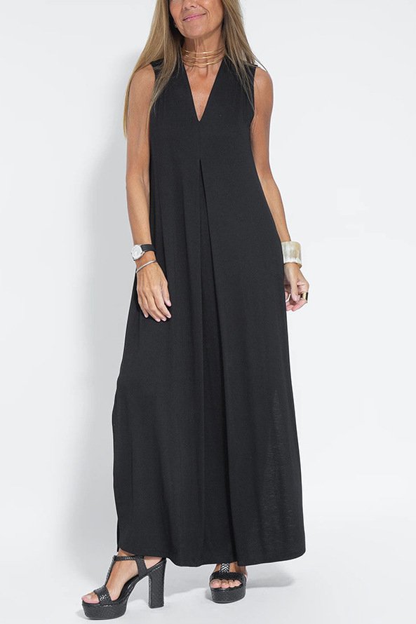 Women's Sleeveless Summer Khaki Plain Split Joint V Neck Daily Going Out Casual Maxi A-Line Fit & Flare Dress Dress