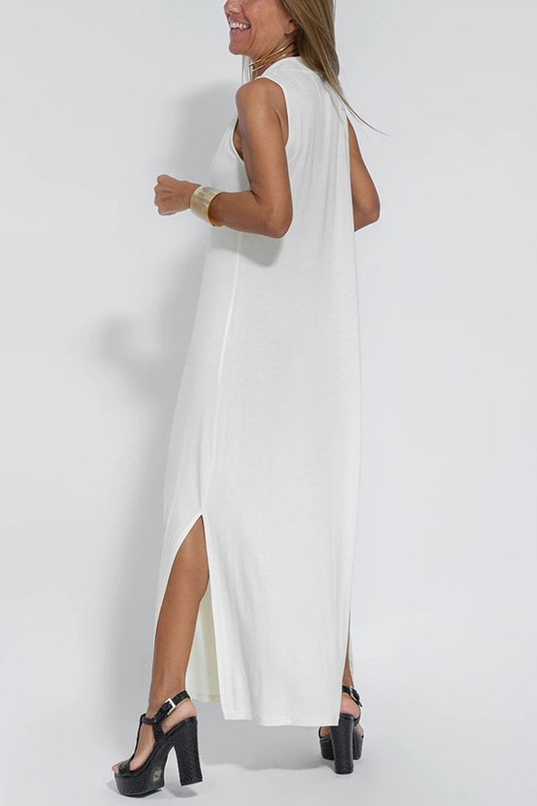 Women's Sleeveless Summer Khaki Plain Split Joint V Neck Daily Going Out Casual Maxi A-Line Fit & Flare Dress Dress