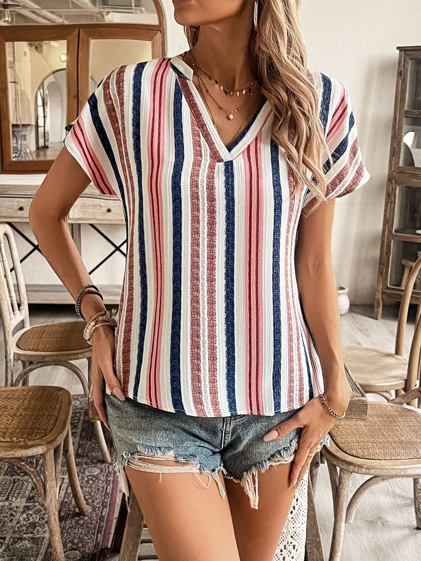 Women Striped V Neck Casual Short Sleeve T-shirt