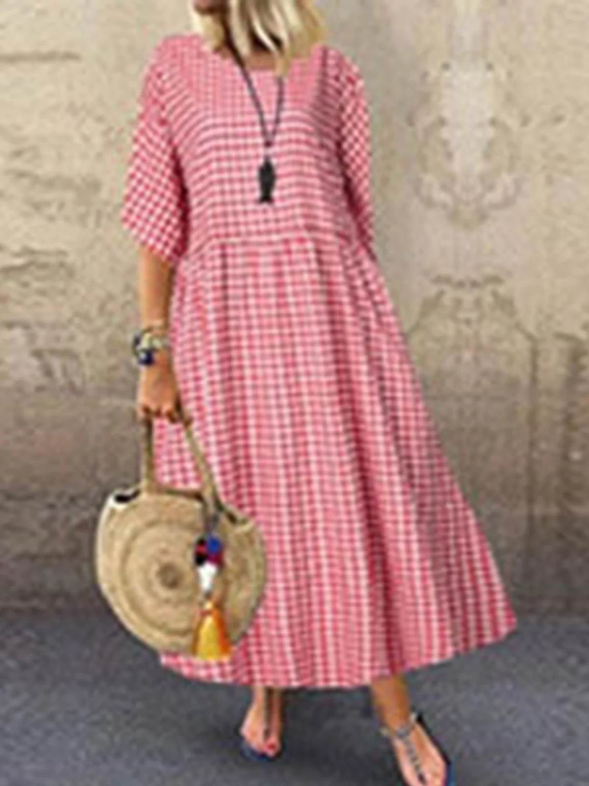 Casual Plaid Crew Neck Maxi Dress