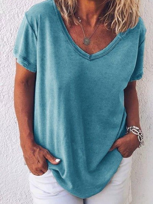 Women Plain V Neck Casual Short Sleeve T-shirt