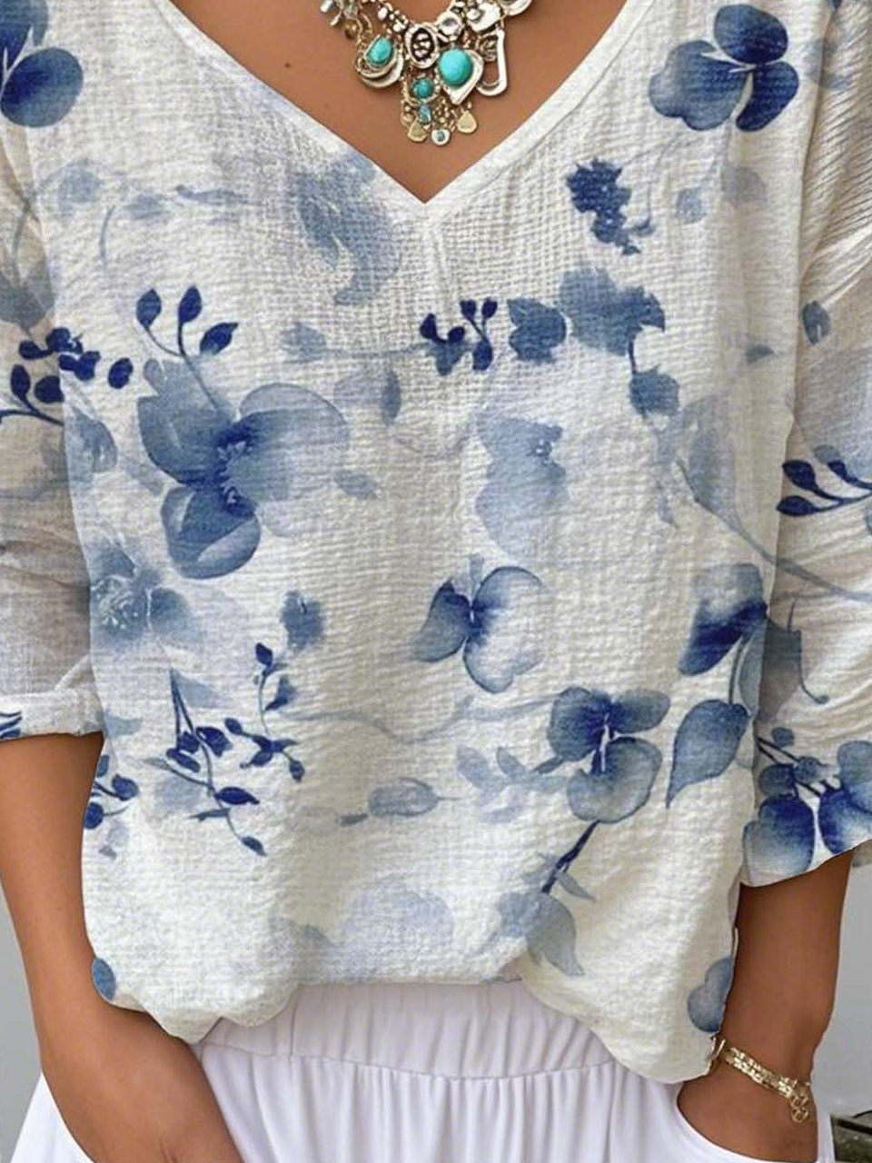 Women Floral V Neck Casual Long Sleeve T-shirt