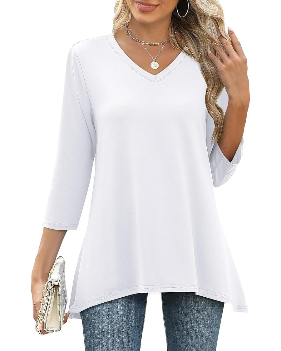 Women Plain V Neck Casual Long Sleeve T-shirt