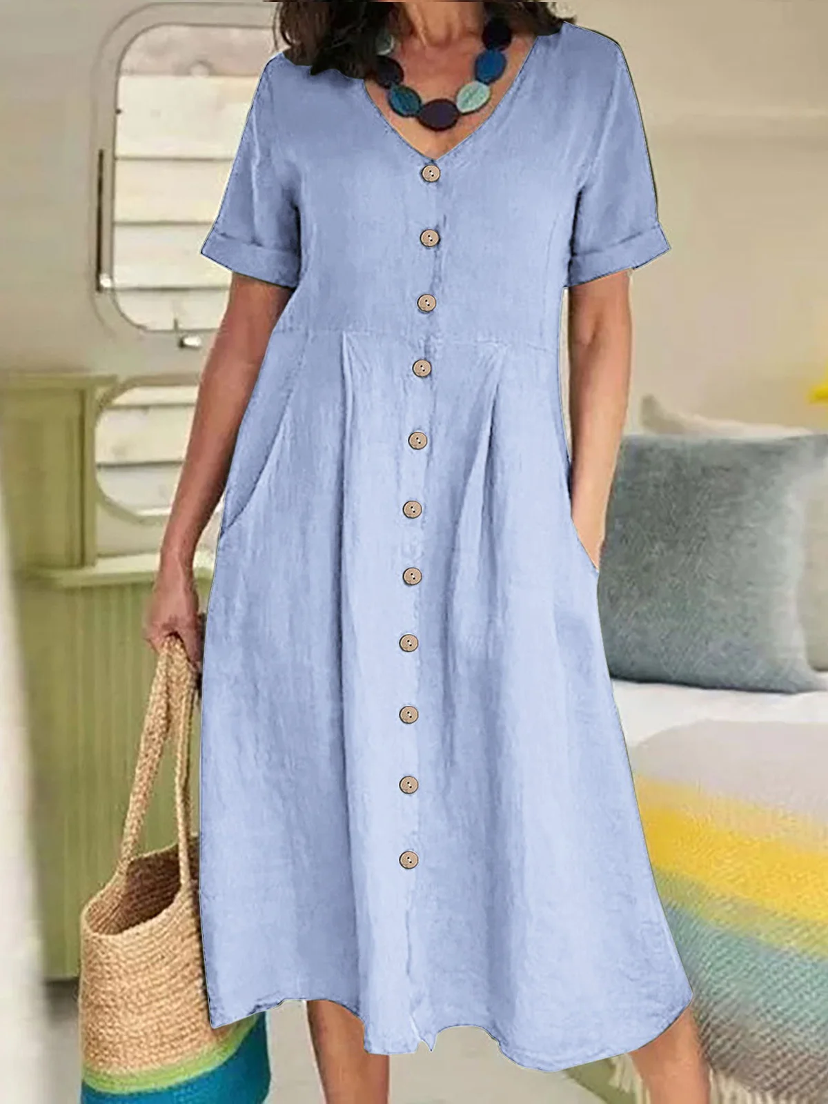 Casual Plain V Neck Maxi Dress