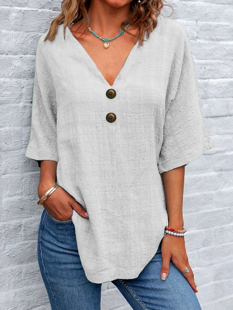Women Plain V Neck Casual Short Sleeve T-shirt