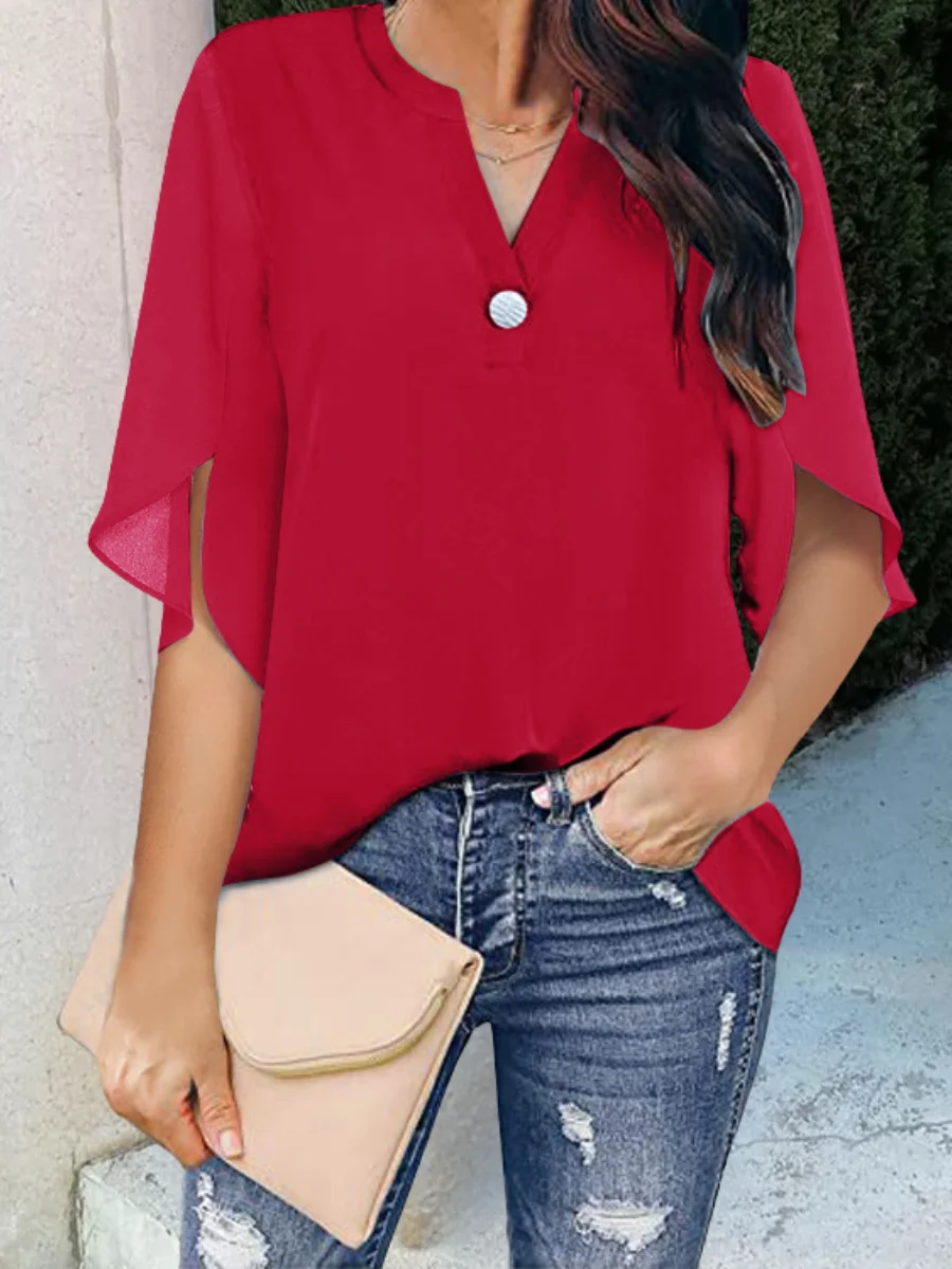 Women's Half Sleeve Shirt Summer Aqua Plain Split Joint V Neck Daily Going Out Casual Top