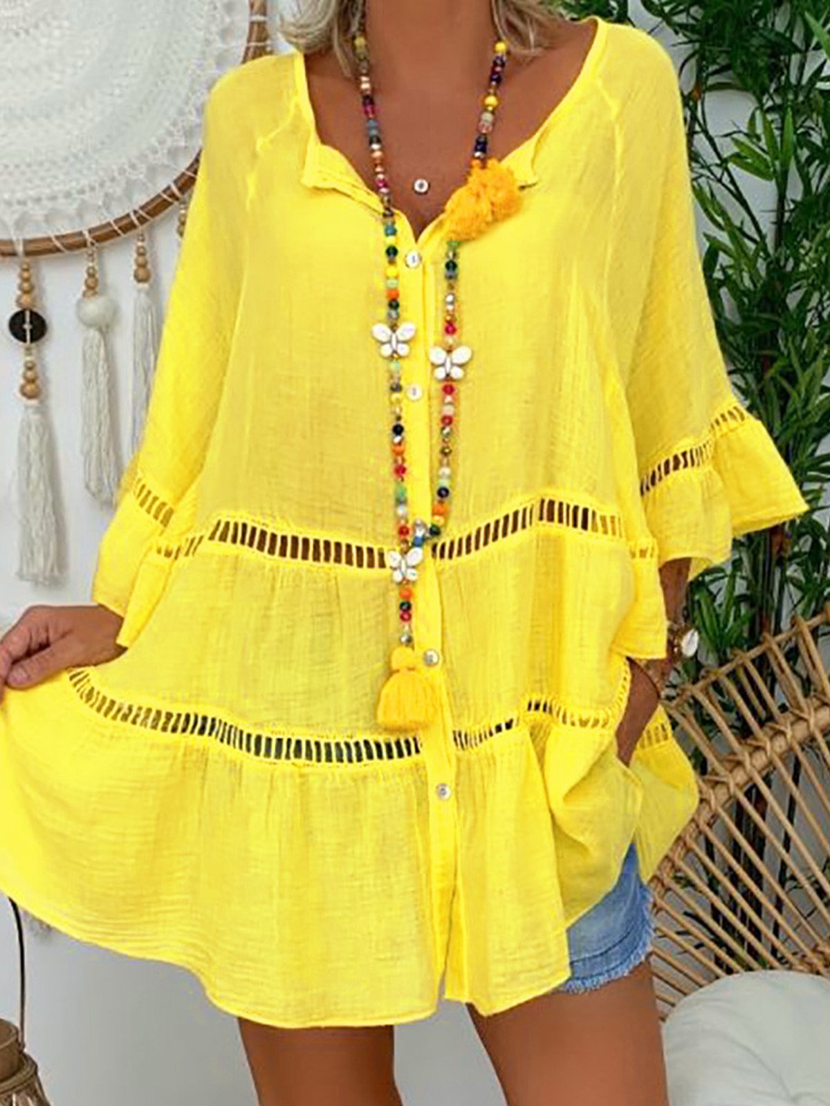 Casual Plain Half Open Collar Blouse