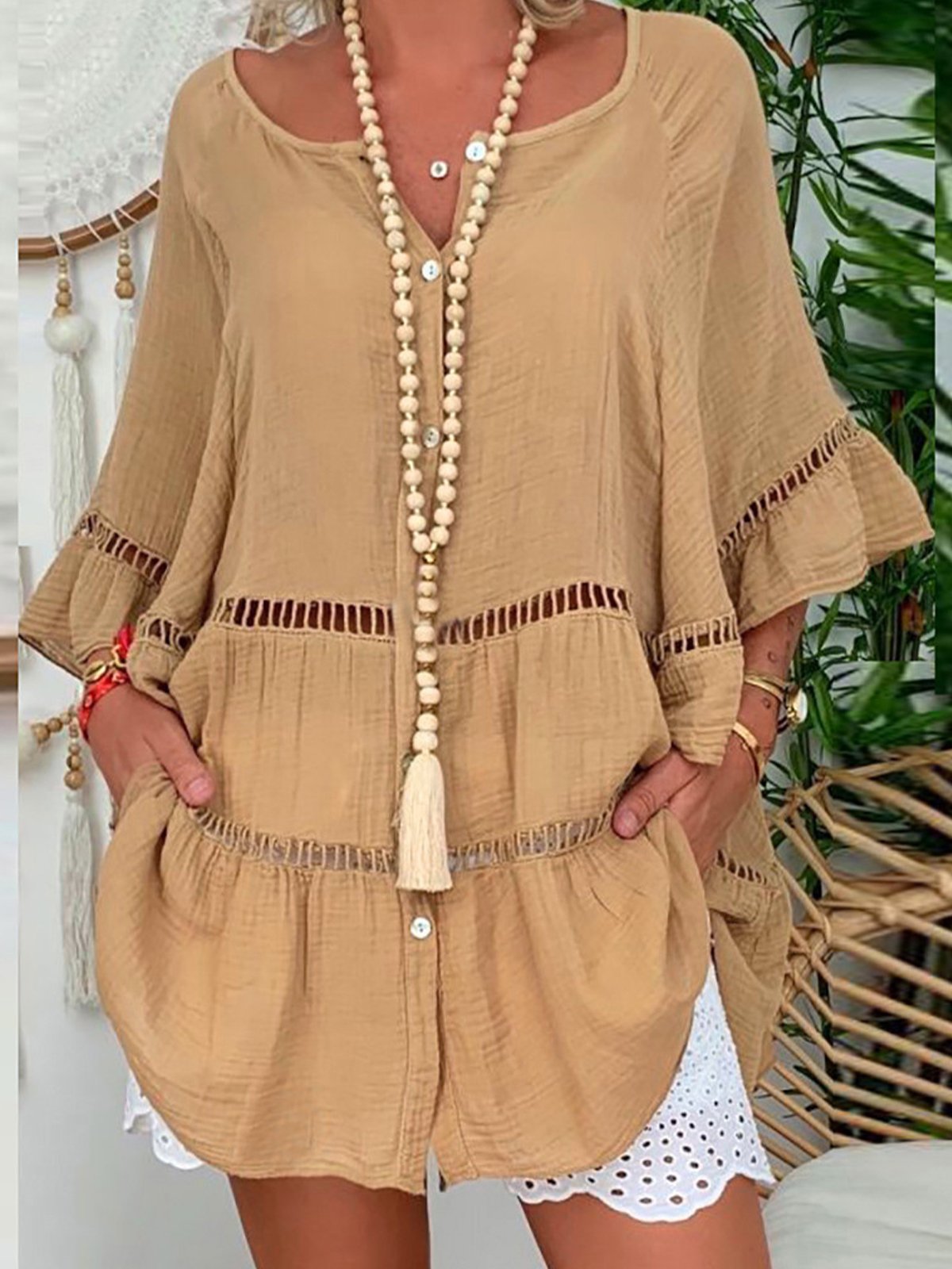 Casual Plain Half Open Collar Blouse