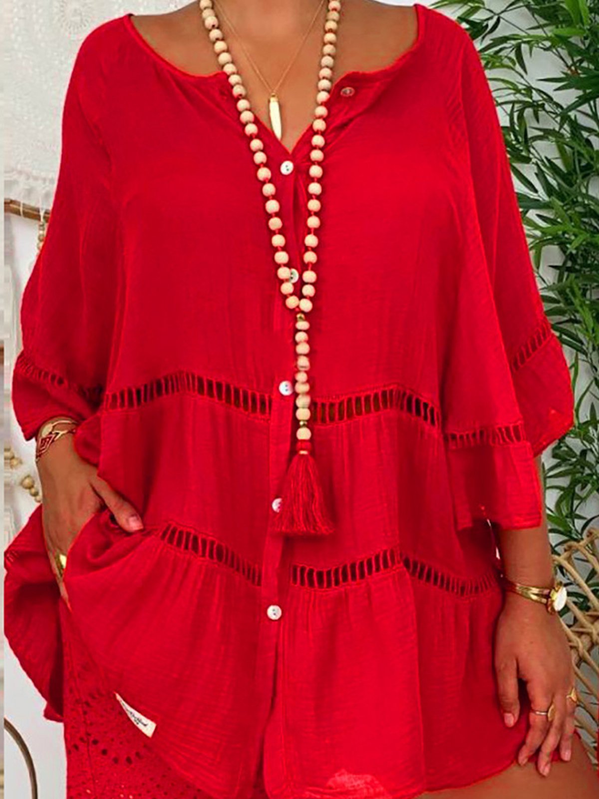 Casual Plain Half Open Collar Blouse