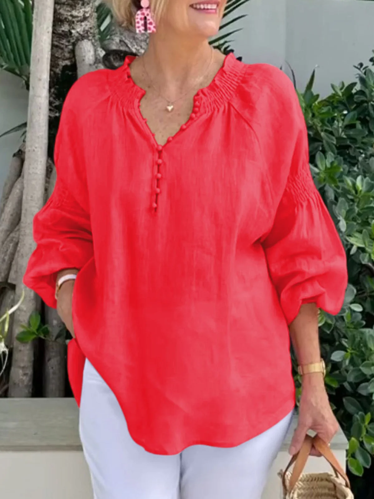 Casual Plain Half Open Collar Blouse