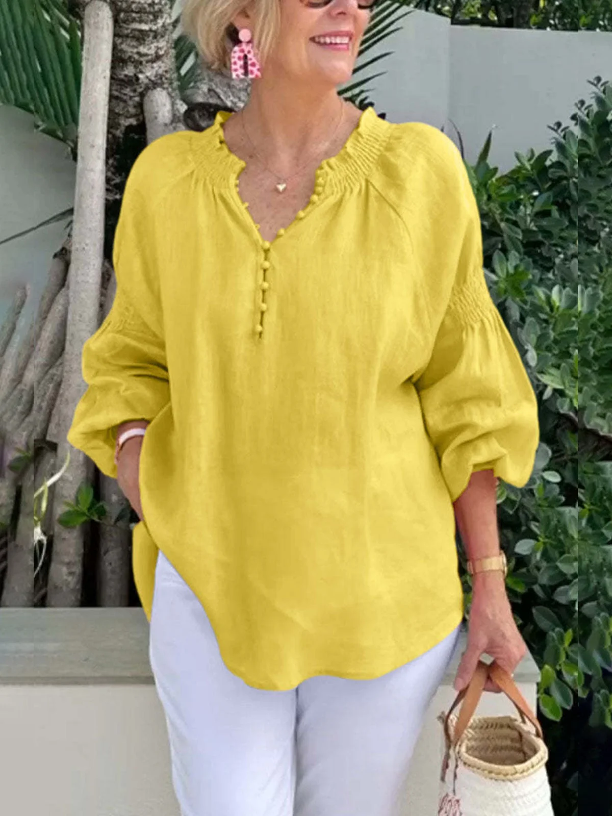 Casual Plain Half Open Collar Blouse