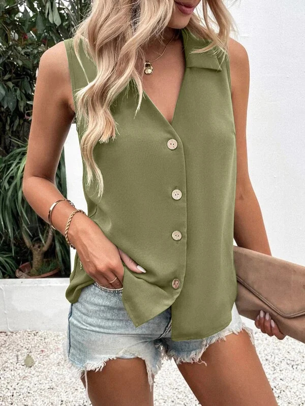 Women's Sleeveless Tank Top Summer White Plain Buckle Stand Collar Daily Going Out Simple Top