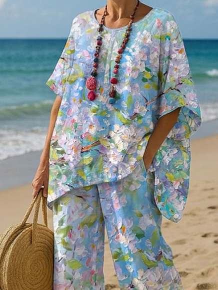 Women's Oil Painting Flowers Print T-shirt And Pants Two Piece Set