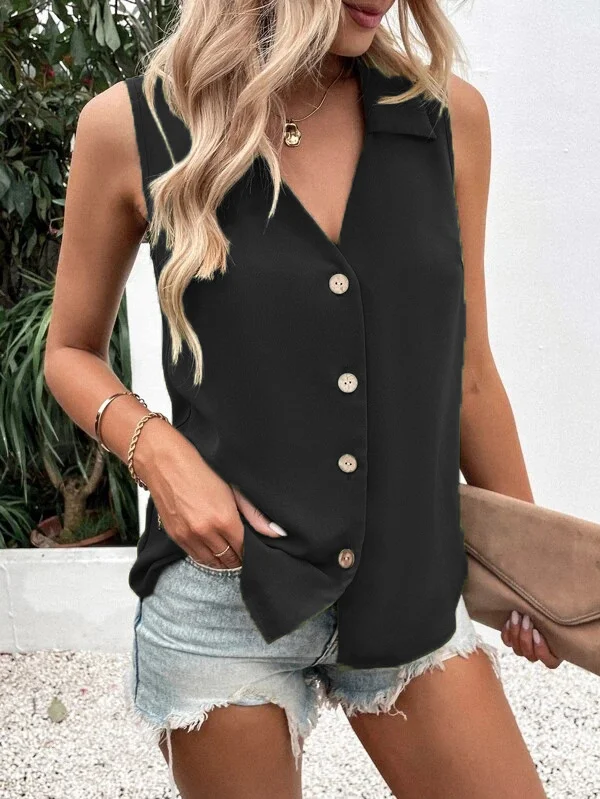 Women's Sleeveless Tank Top Summer White Plain Buckle Stand Collar Daily Going Out Simple Top