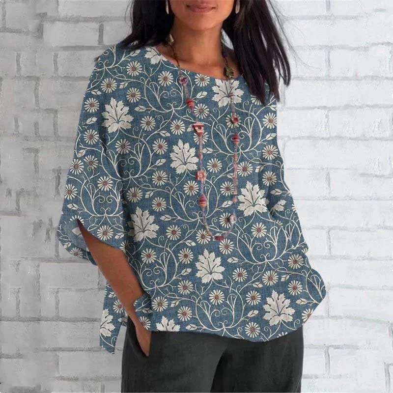 Women Floral Crew Neck Casual Long Sleeve T-shirt