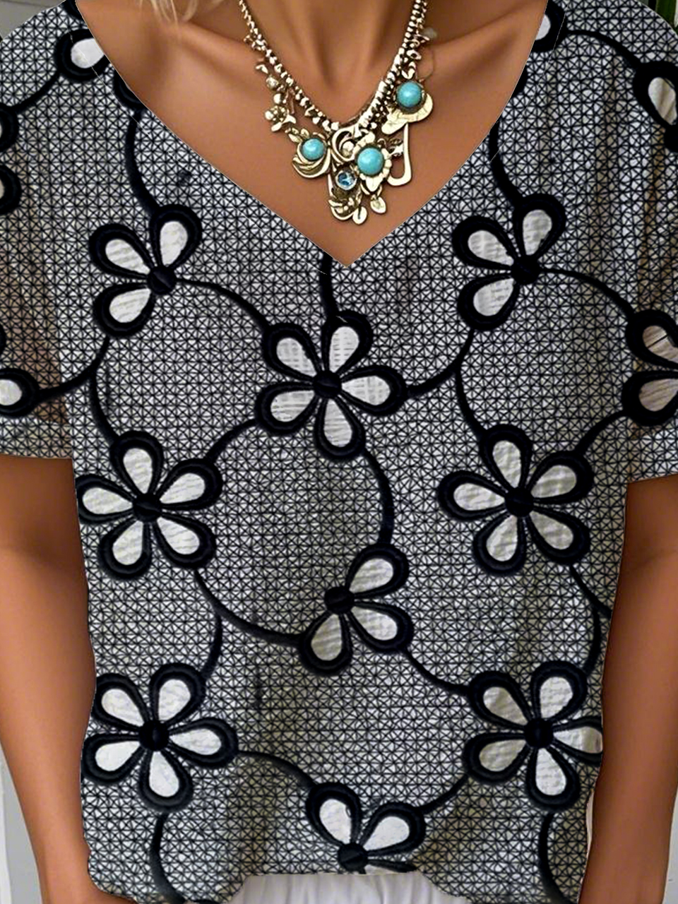 Women Floral V Neck Casual Short Sleeve T-shirt