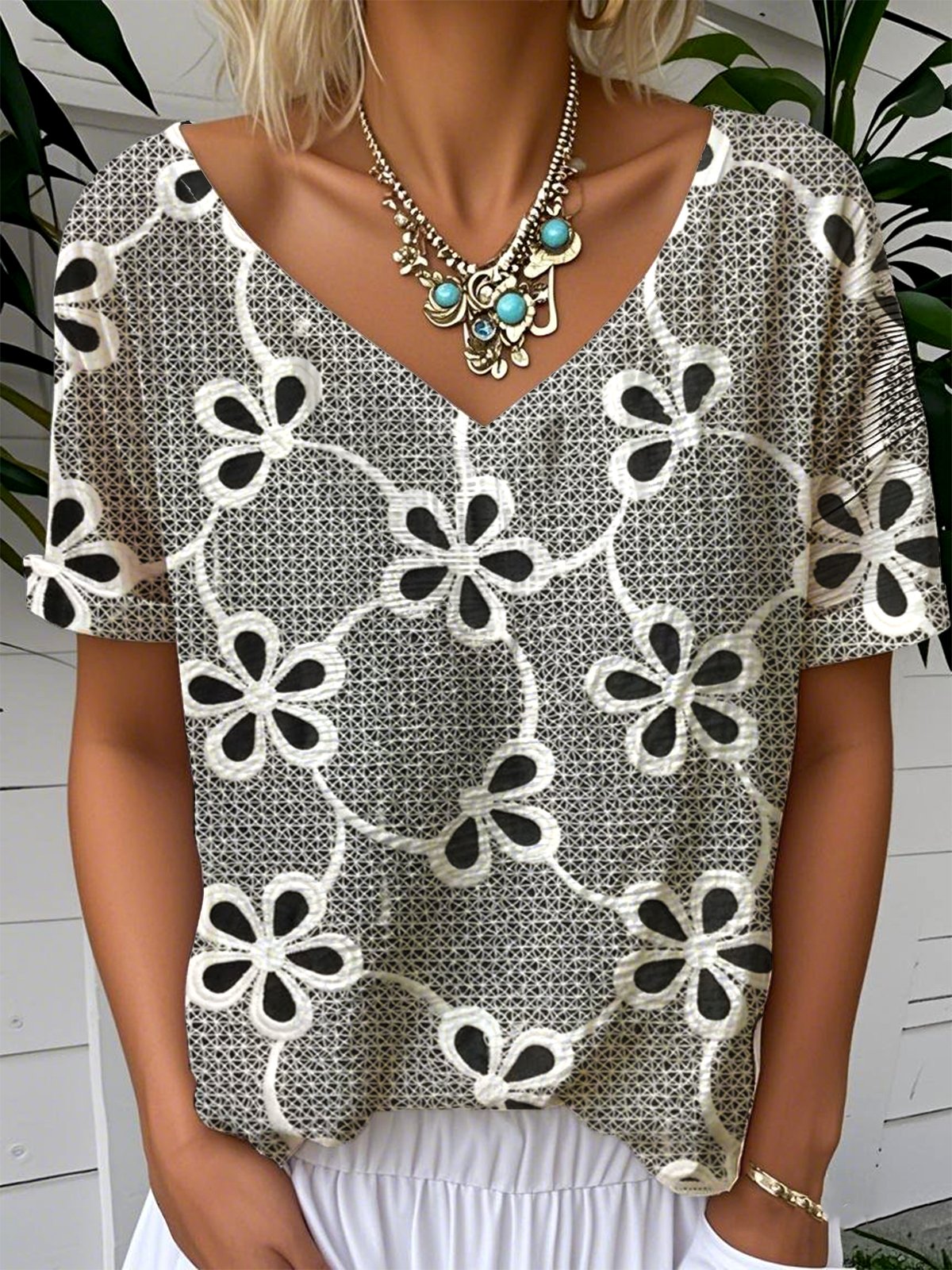 Women Floral V Neck Casual Short Sleeve T-shirt
