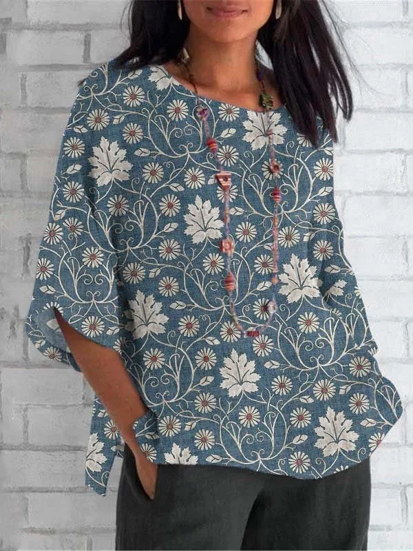Women Floral Crew Neck Casual Long Sleeve T-shirt