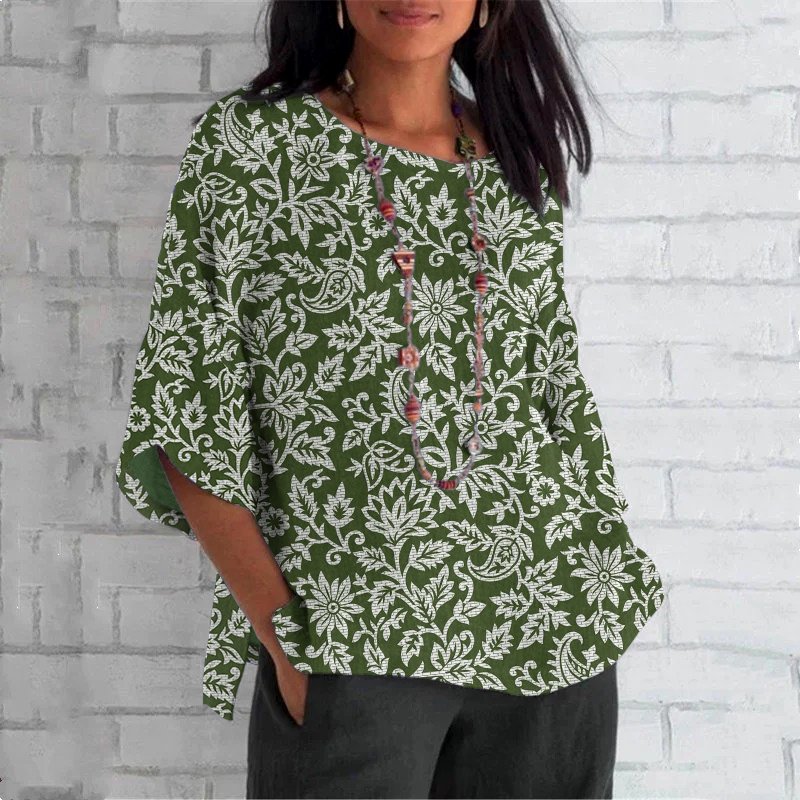 Women Floral Crew Neck Casual Long Sleeve T-shirt