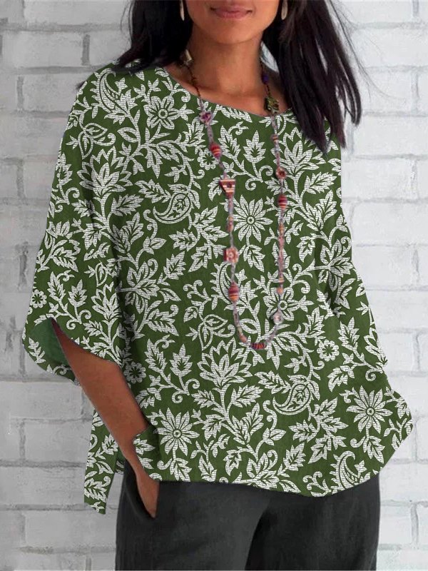 Women Floral Crew Neck Casual Long Sleeve T-shirt