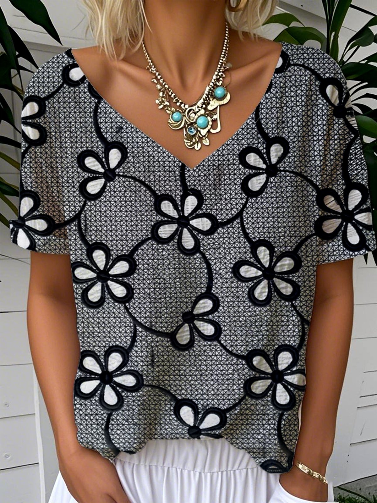 Women Floral V Neck Casual Short Sleeve T-shirt