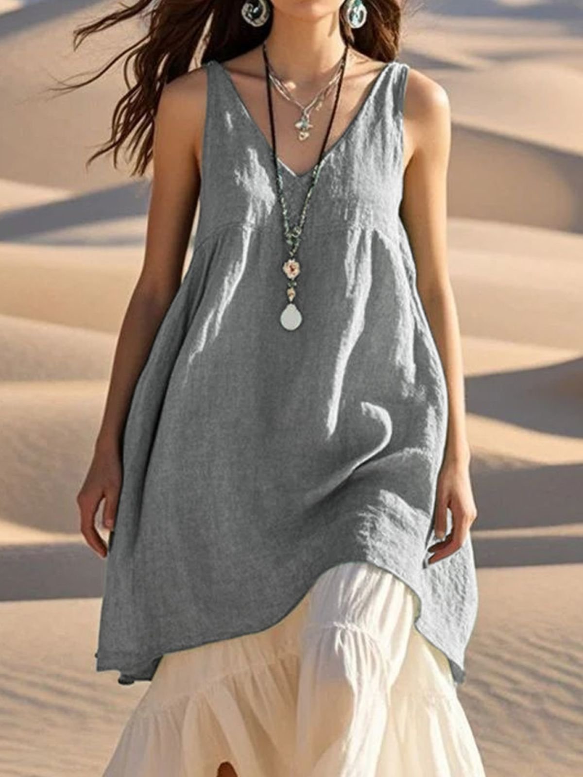Plain Linen Casual Dress With No