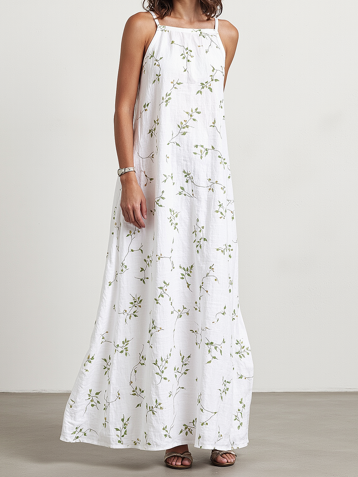 Vacation Plain Pocket Stitching Square Neck linen-cotton Maxi Dress